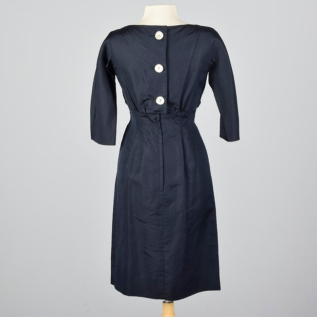 1950s Navy Blue Silk Dress with Mother of Pearl Buttons
