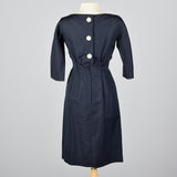 1950s Navy Blue Silk Dress with Mother of Pearl Buttons
