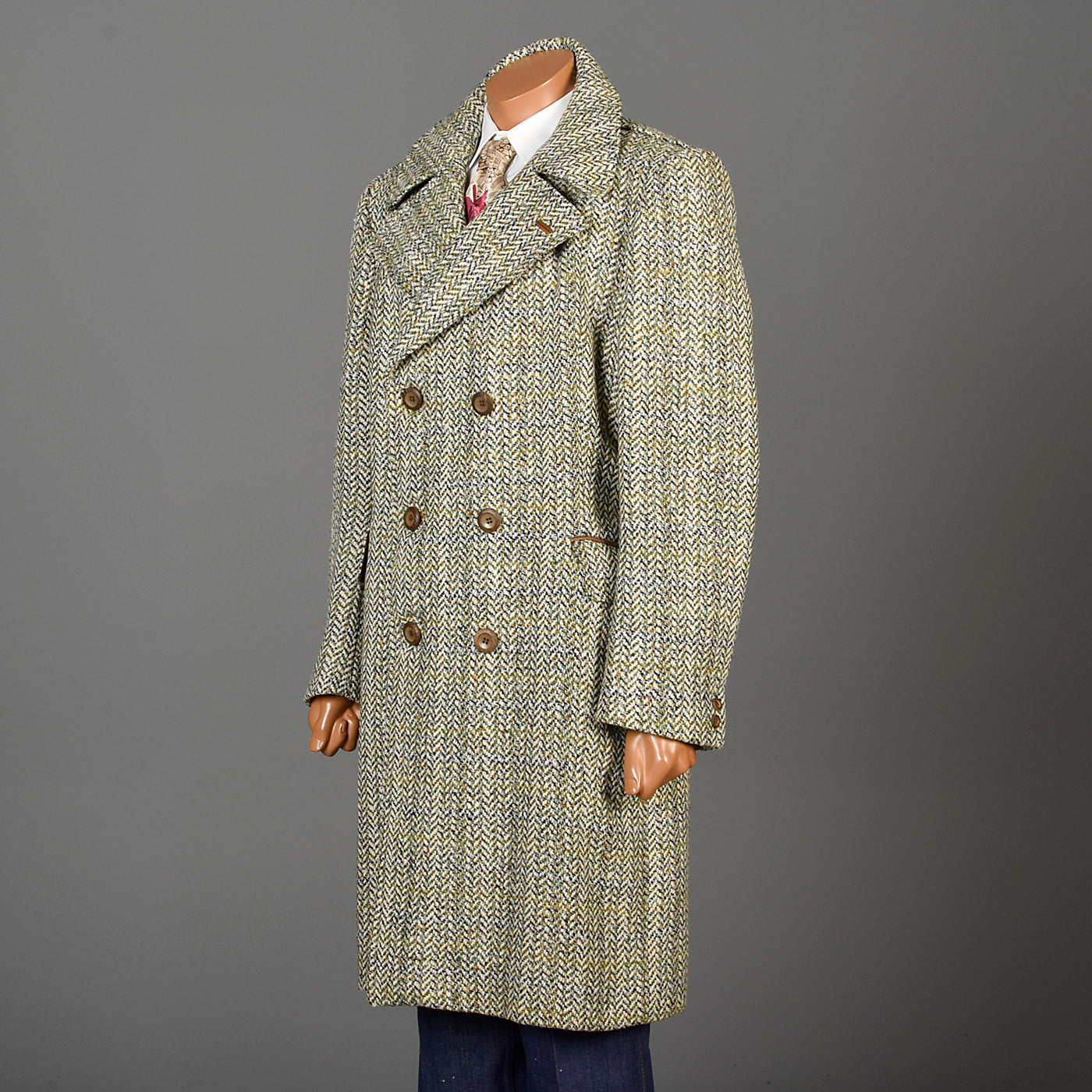 1970s Men's Cortafiel Tweed Overcoat, Double Breasted with a Belted Back