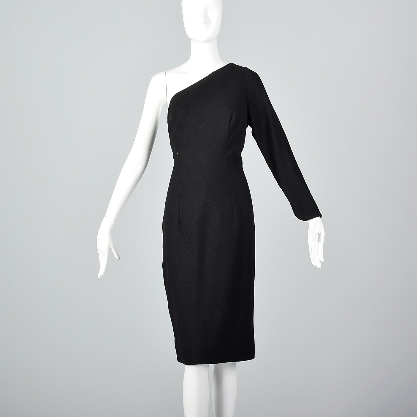 1970s Asymmetric Black Wool Dress with Matching Jacket