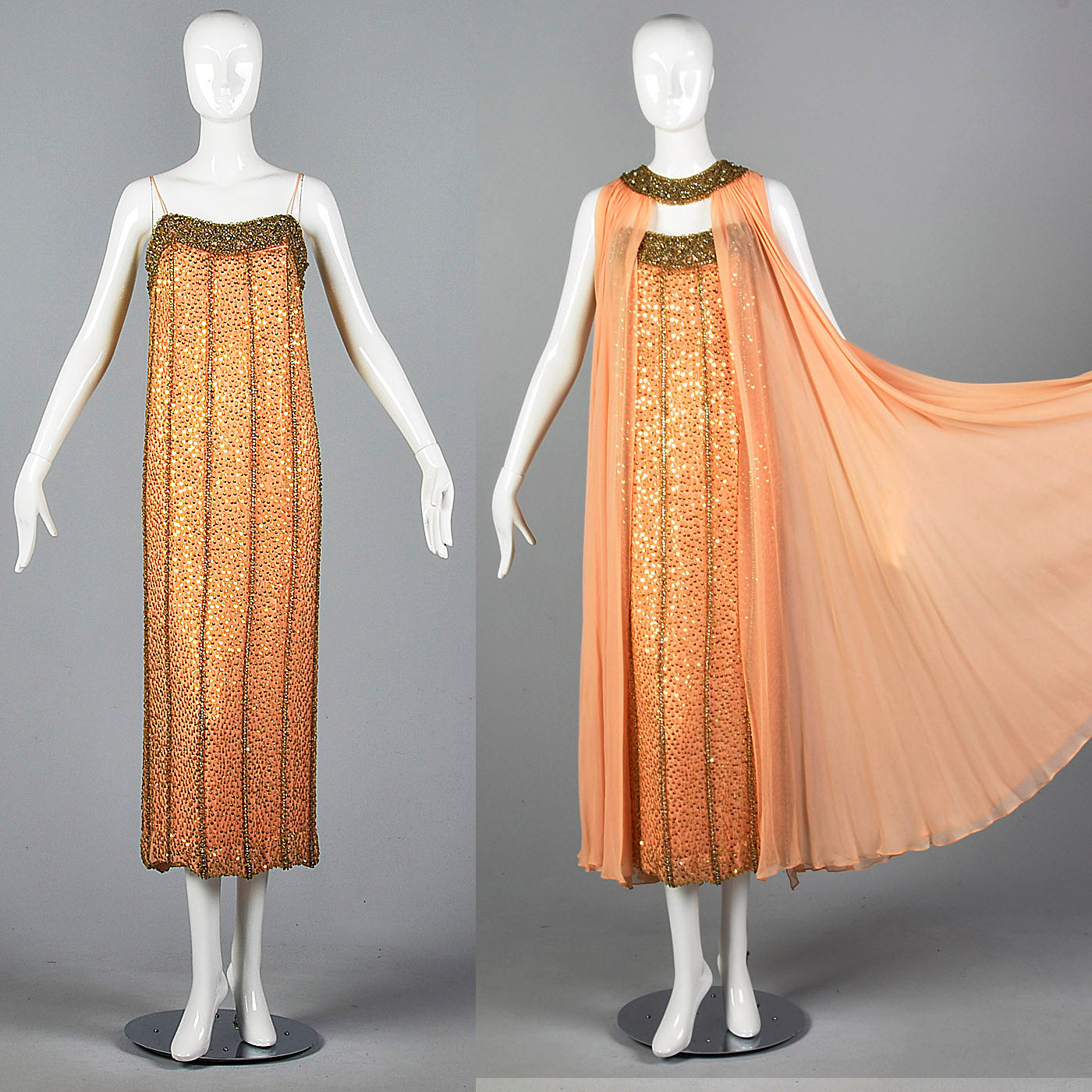 1960s Victoria Royal Beaded Gown with Silk Chiffon Cape