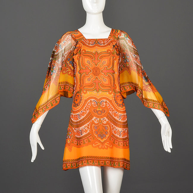 1960s Saks Fifth Avenue Silk Micro Mini Dress with Angel Sleeves
