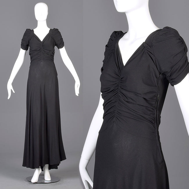 1940s Black Crepe Evening Gown with Short Sleeves & Ruched Bodice