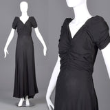 1940s Black Crepe Evening Gown with Short Sleeves & Ruched Bodice