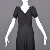 1940s Black Crepe Evening Gown with Short Sleeves & Ruched Bodice