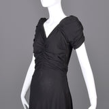 1940s Black Crepe Evening Gown with Short Sleeves & Ruched Bodice