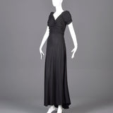 1940s Black Crepe Evening Gown with Short Sleeves & Ruched Bodice