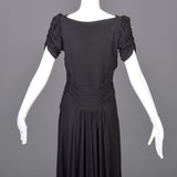 1940s Black Crepe Evening Gown with Short Sleeves & Ruched Bodice