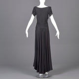 1940s Black Crepe Evening Gown with Short Sleeves & Ruched Bodice