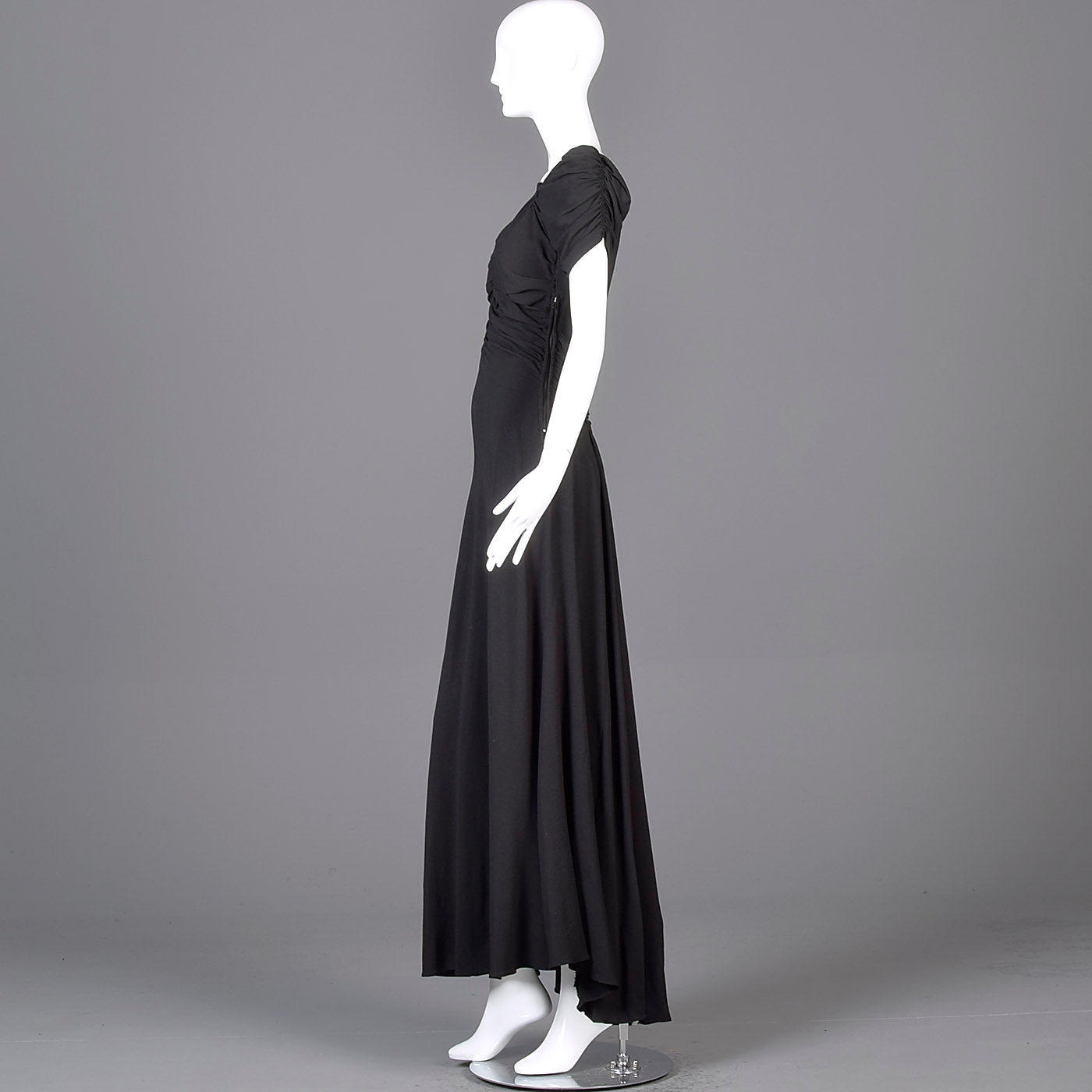 1940s Black Crepe Evening Gown with Short Sleeves & Ruched Bodice