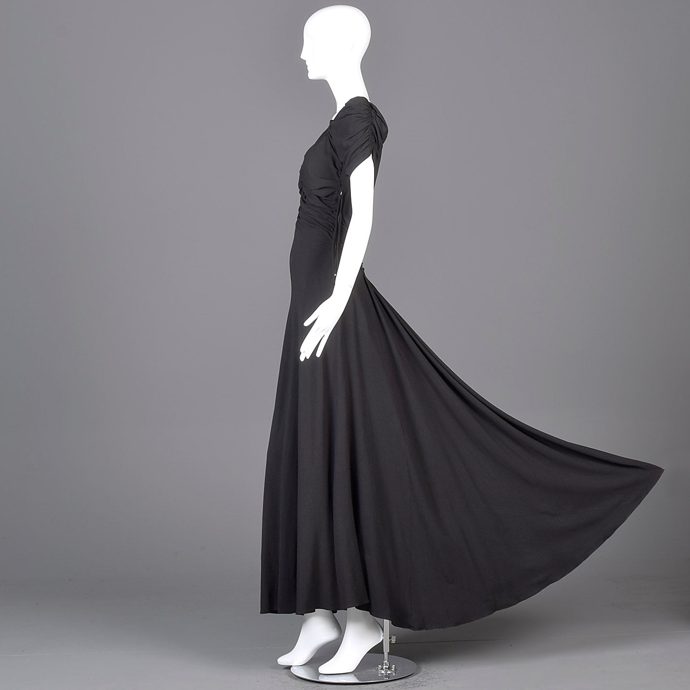 1940s Black Crepe Evening Gown with Short Sleeves & Ruched Bodice