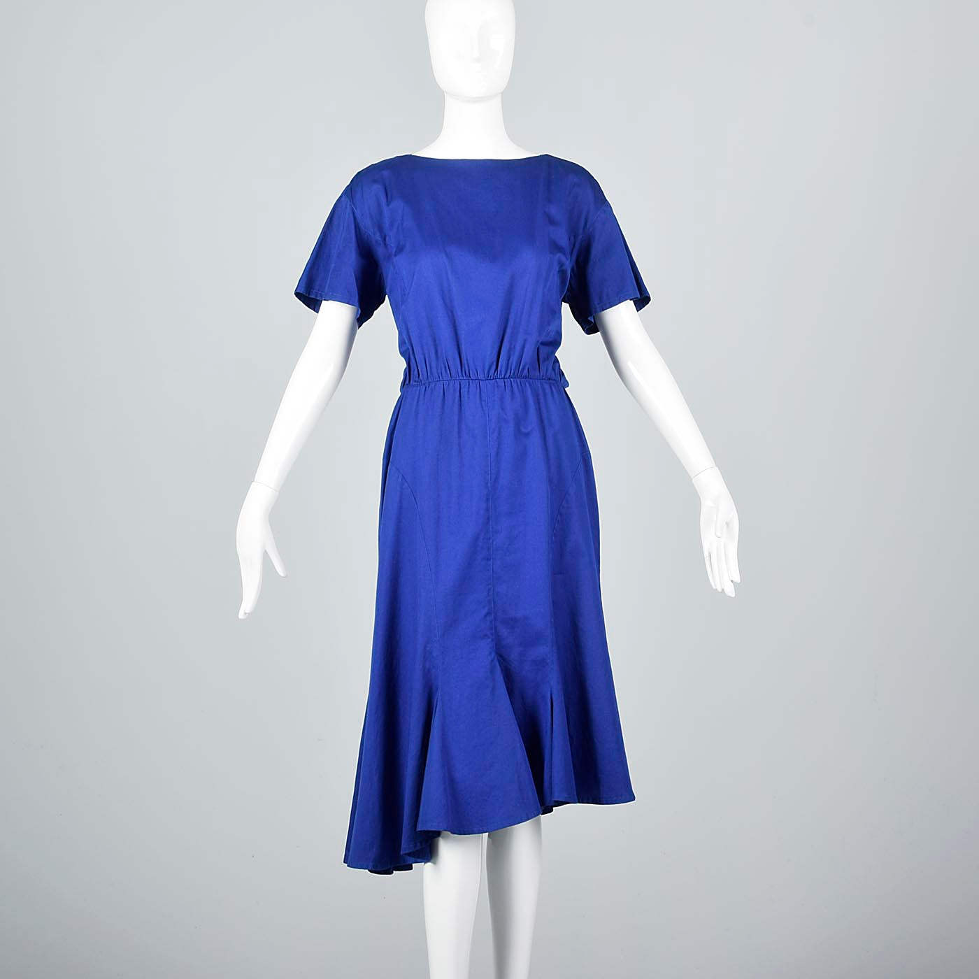 1980s Thierry Mugler Royal Blue Cotton Summer Dress with Asymmetric Hem