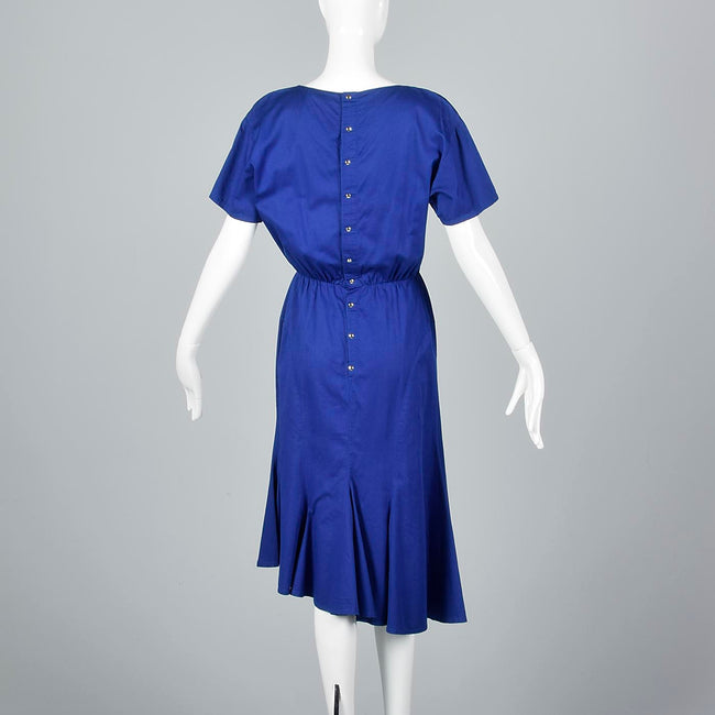 1980s Thierry Mugler Royal Blue Cotton Summer Dress with Asymmetric Hem