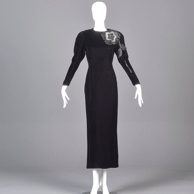 1980s Bill Blass Black Velvet Evening Gown with Beaded Flower & Mutton Sleeves