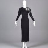 1980s Bill Blass Black Velvet Evening Gown with Beaded Flower & Mutton Sleeves