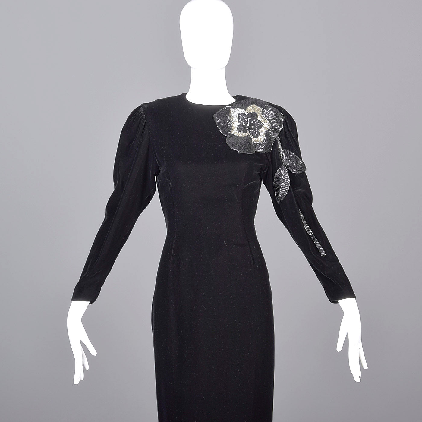 1980s Bill Blass Black Velvet Evening Gown with Beaded Flower & Mutton Sleeves