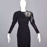 1980s Bill Blass Black Velvet Evening Gown with Beaded Flower & Mutton Sleeves
