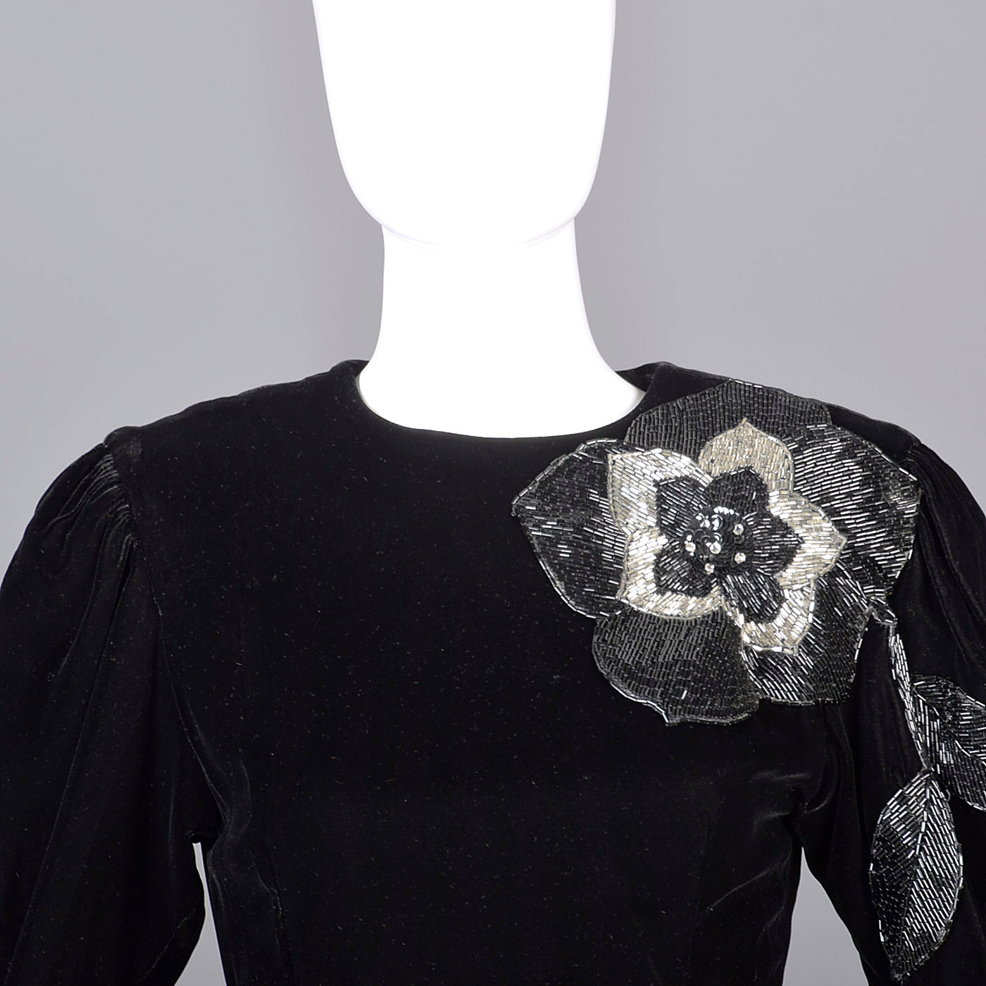 1980s Bill Blass Black Velvet Evening Gown with Beaded Flower & Mutton Sleeves