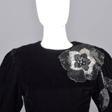 1980s Bill Blass Black Velvet Evening Gown with Beaded Flower & Mutton Sleeves