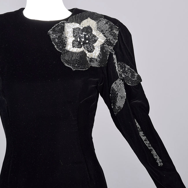 1980s Bill Blass Black Velvet Evening Gown with Beaded Flower & Mutton Sleeves