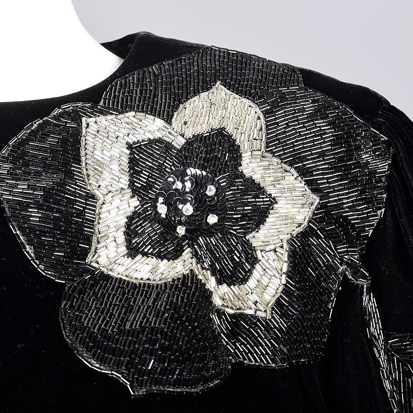 1980s Bill Blass Black Velvet Evening Gown with Beaded Flower & Mutton Sleeves