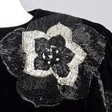 1980s Bill Blass Black Velvet Evening Gown with Beaded Flower & Mutton Sleeves
