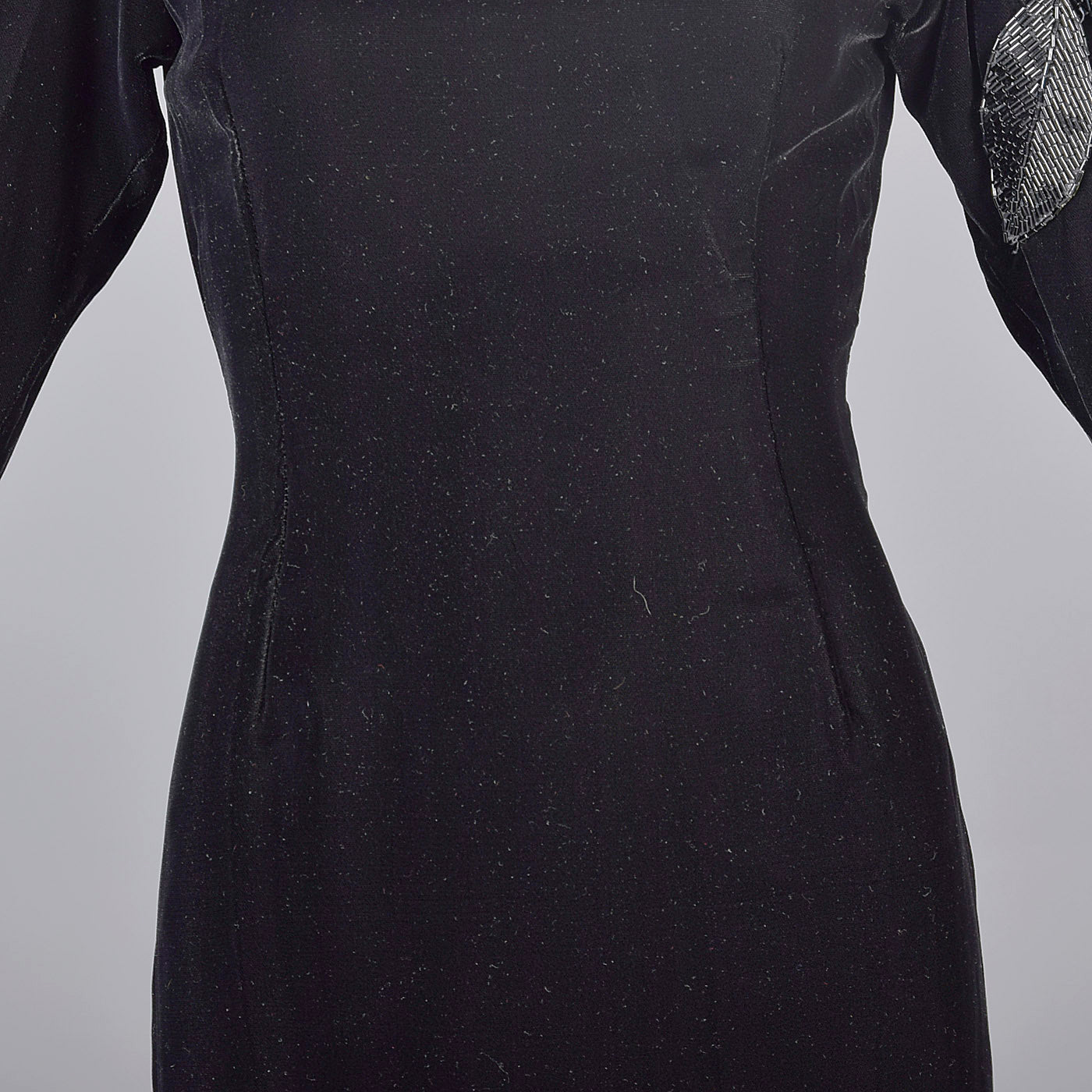 1980s Bill Blass Black Velvet Evening Gown with Beaded Flower & Mutton Sleeves