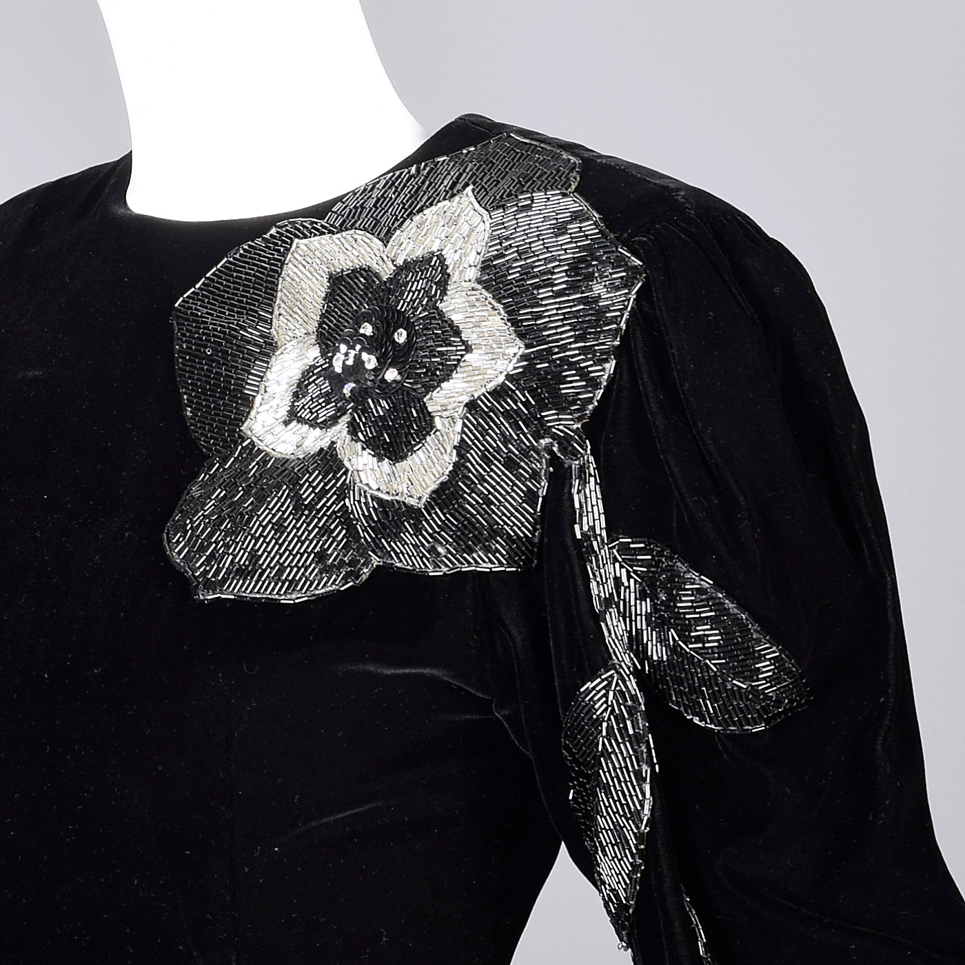 1980s Bill Blass Black Velvet Evening Gown with Beaded Flower & Mutton Sleeves
