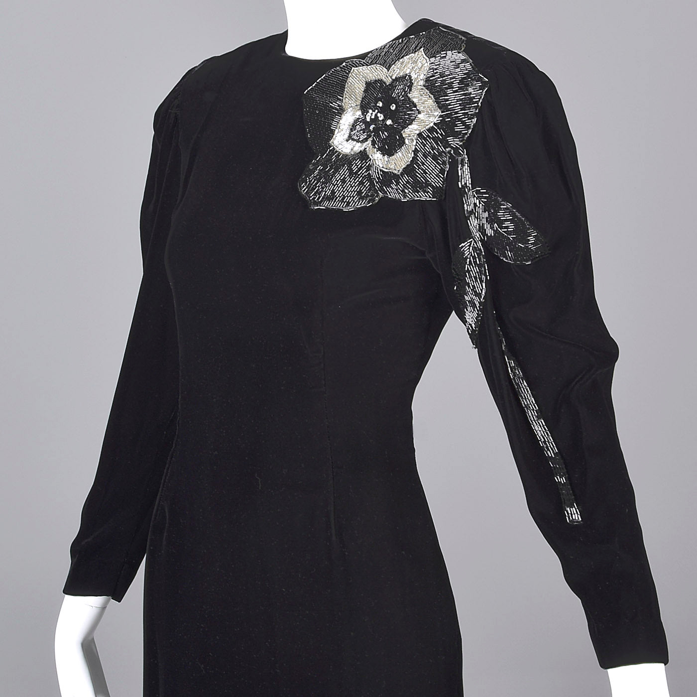 1980s Bill Blass Black Velvet Evening Gown with Beaded Flower & Mutton Sleeves