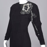 1980s Bill Blass Black Velvet Evening Gown with Beaded Flower & Mutton Sleeves
