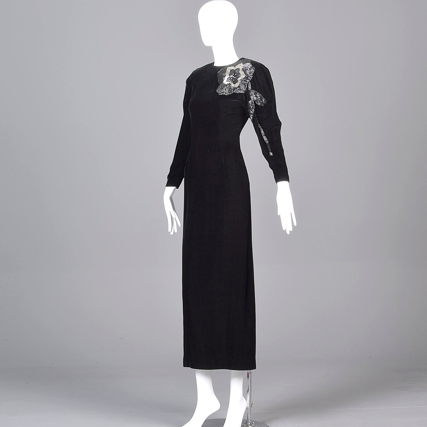 1980s Bill Blass Black Velvet Evening Gown with Beaded Flower & Mutton Sleeves