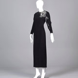 1980s Bill Blass Black Velvet Evening Gown with Beaded Flower & Mutton Sleeves