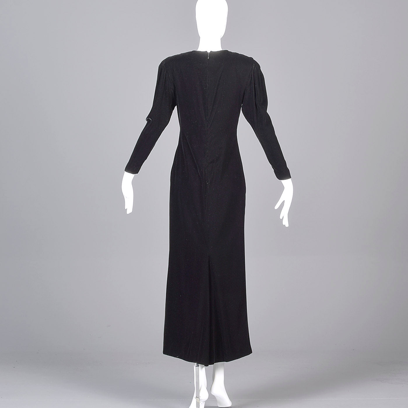1980s Bill Blass Black Velvet Evening Gown with Beaded Flower & Mutton Sleeves