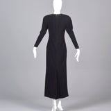 1980s Bill Blass Black Velvet Evening Gown with Beaded Flower & Mutton Sleeves