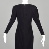 1980s Bill Blass Black Velvet Evening Gown with Beaded Flower & Mutton Sleeves