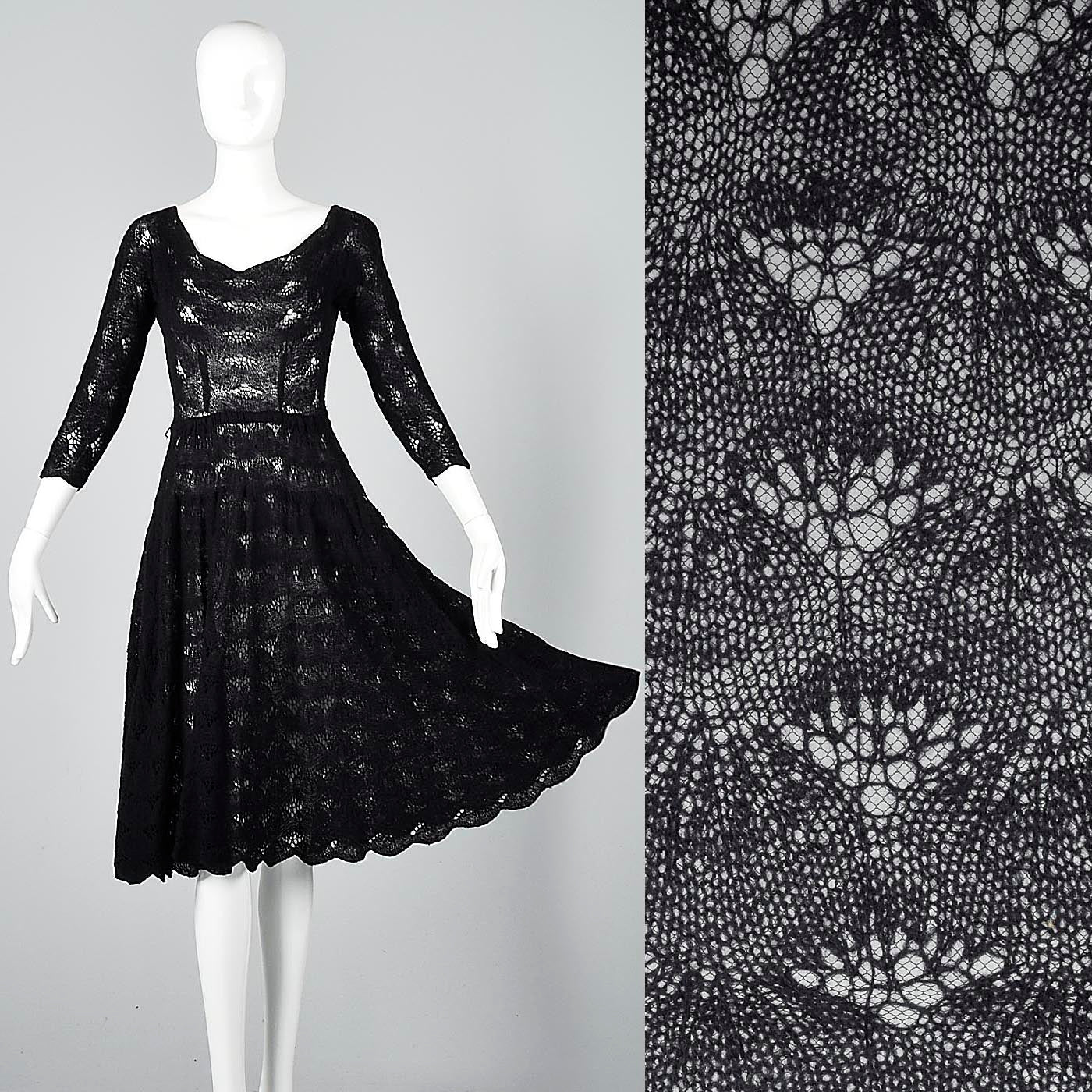 1950s Sexy Black Crochet Cocktail Dress with Full Skirt