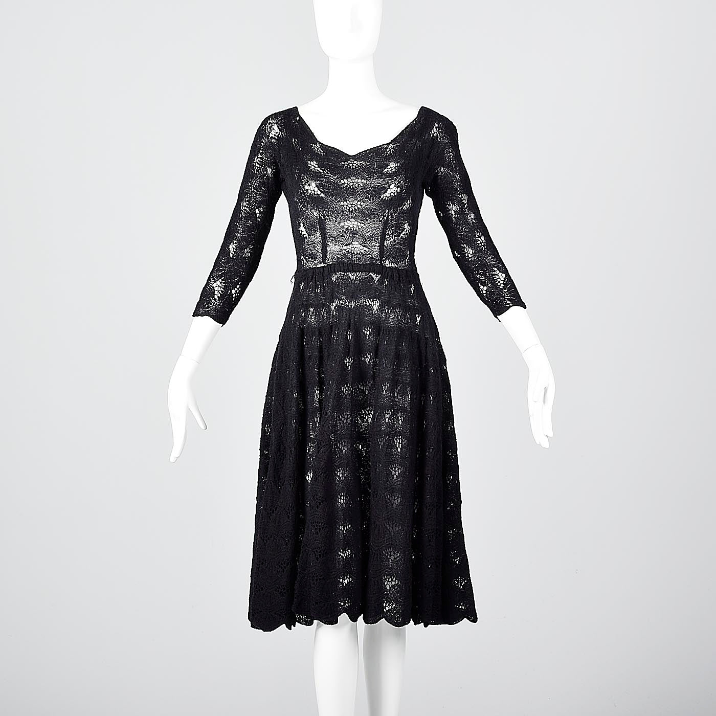 1950s Sexy Black Crochet Cocktail Dress with Full Skirt