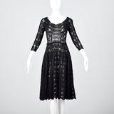 1950s Sexy Black Crochet Cocktail Dress with Full Skirt