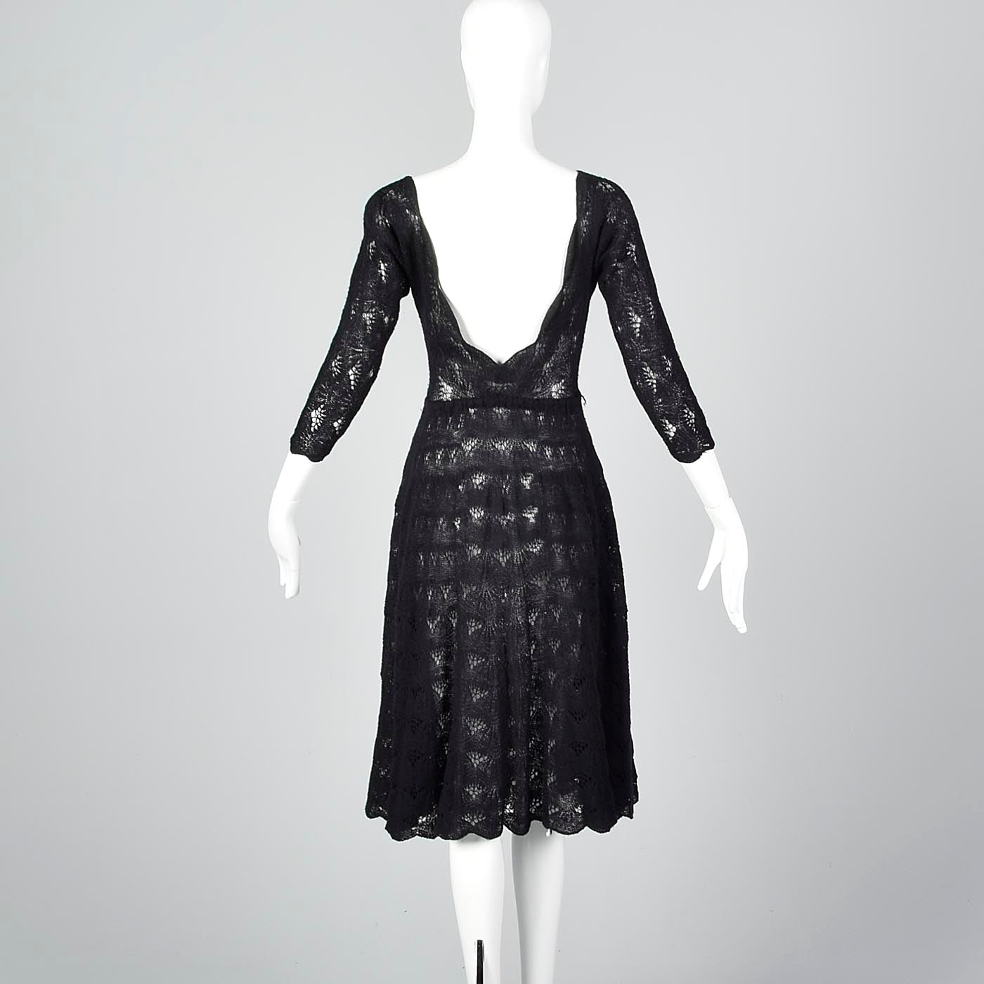 1950s Sexy Black Crochet Cocktail Dress with Full Skirt