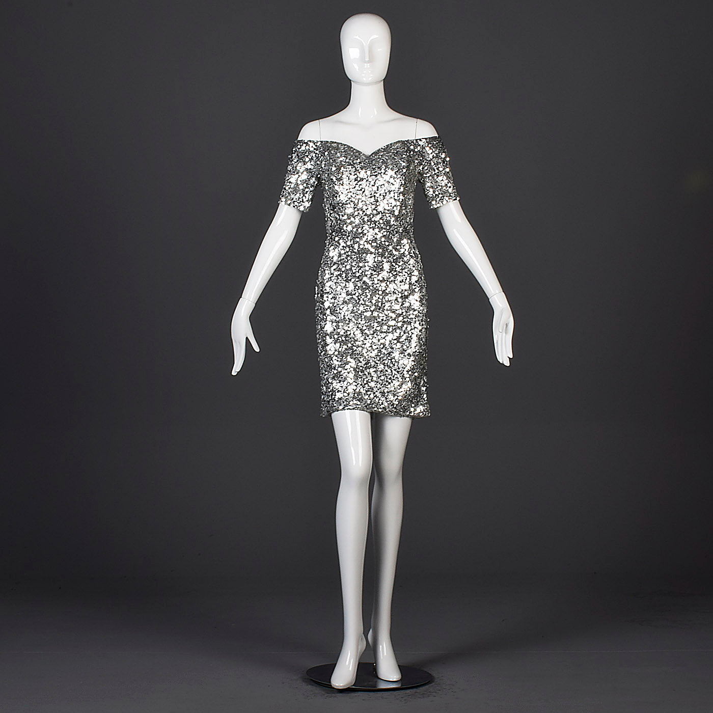 1980s Off Shoulder Neiman Marcus Silver Sequin Cocktail Dress