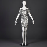 1980s Off Shoulder Neiman Marcus Silver Sequin Cocktail Dress