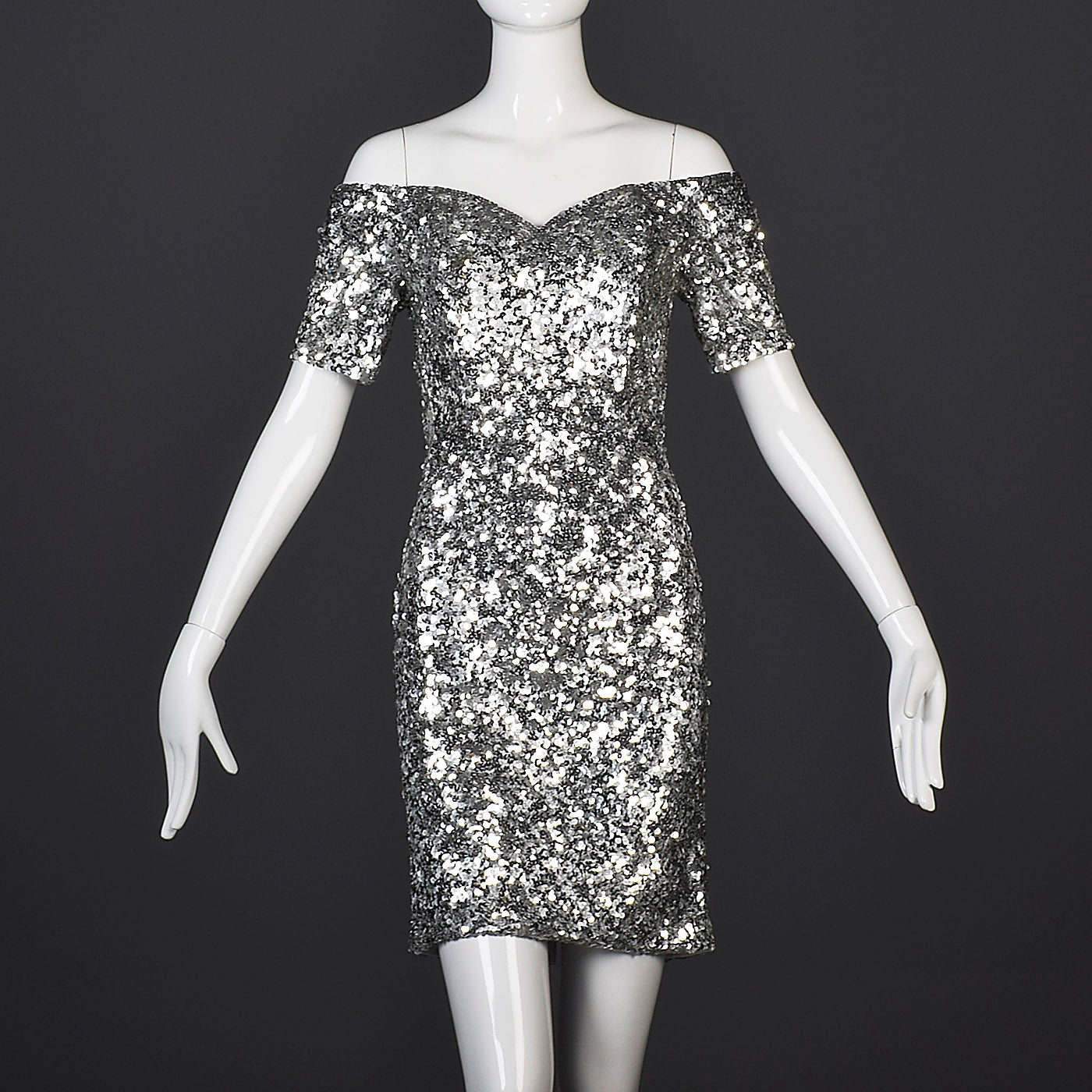 1980s Off Shoulder Neiman Marcus Silver Sequin Cocktail Dress