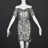 1980s Off Shoulder Neiman Marcus Silver Sequin Cocktail Dress