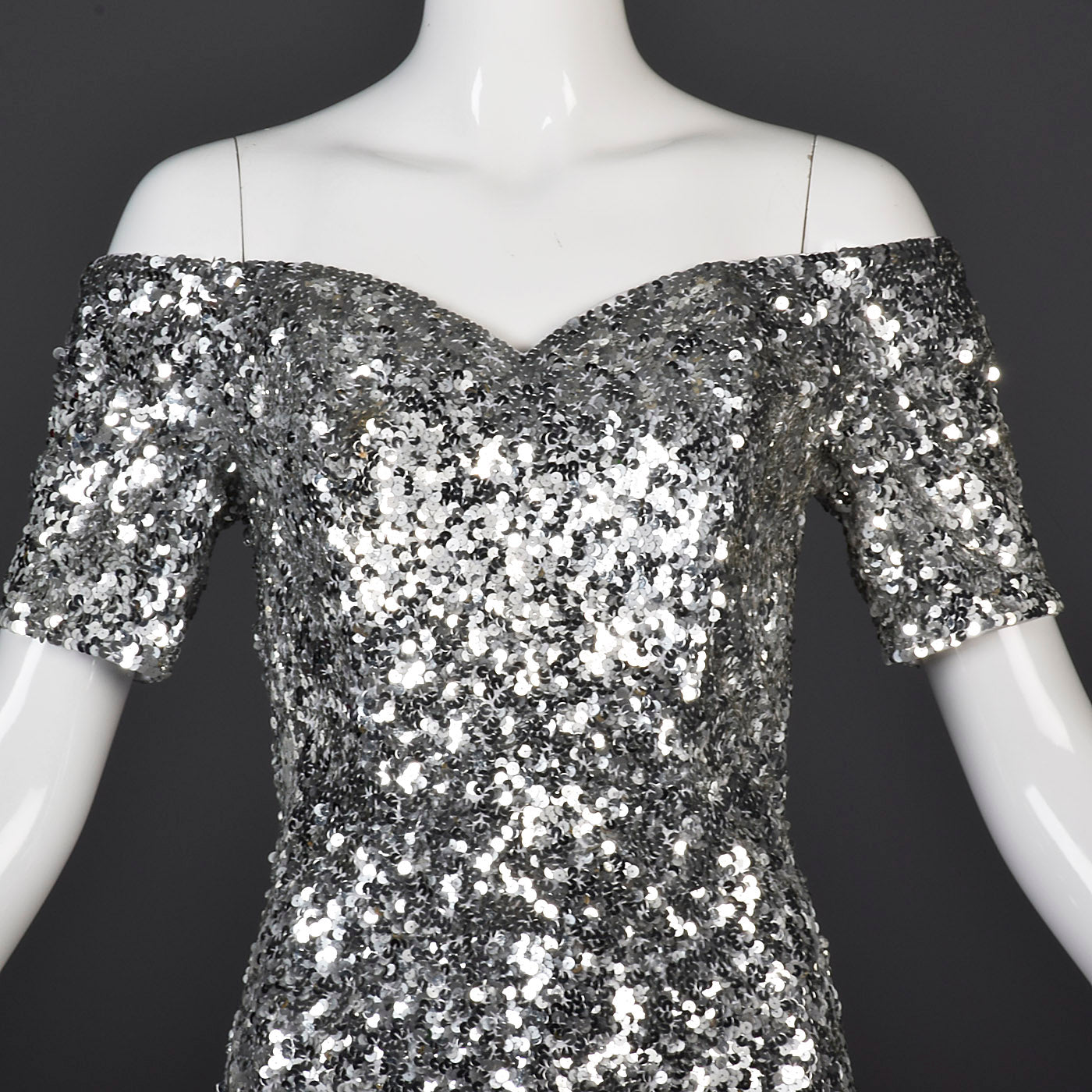 1980s Off Shoulder Neiman Marcus Silver Sequin Cocktail Dress