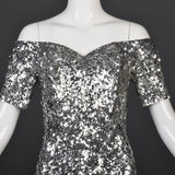 1980s Off Shoulder Neiman Marcus Silver Sequin Cocktail Dress