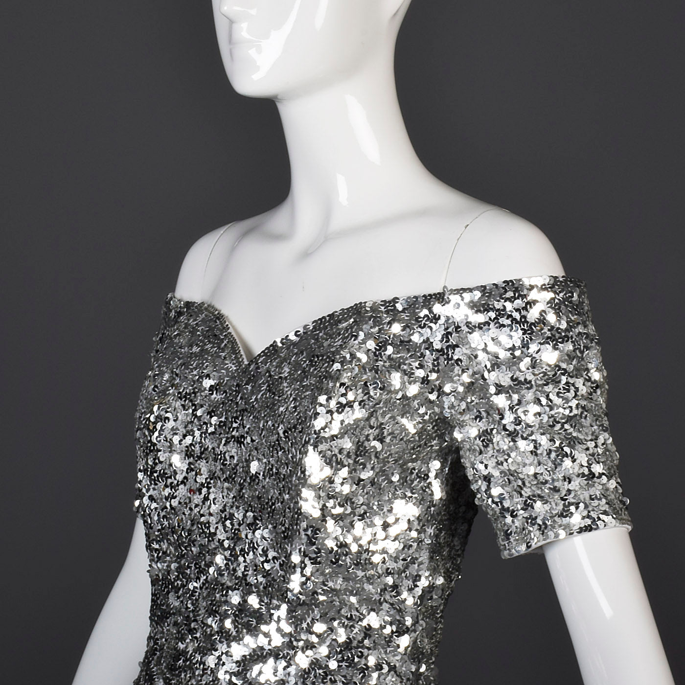 1980s Off Shoulder Neiman Marcus Silver Sequin Cocktail Dress