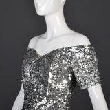 1980s Off Shoulder Neiman Marcus Silver Sequin Cocktail Dress