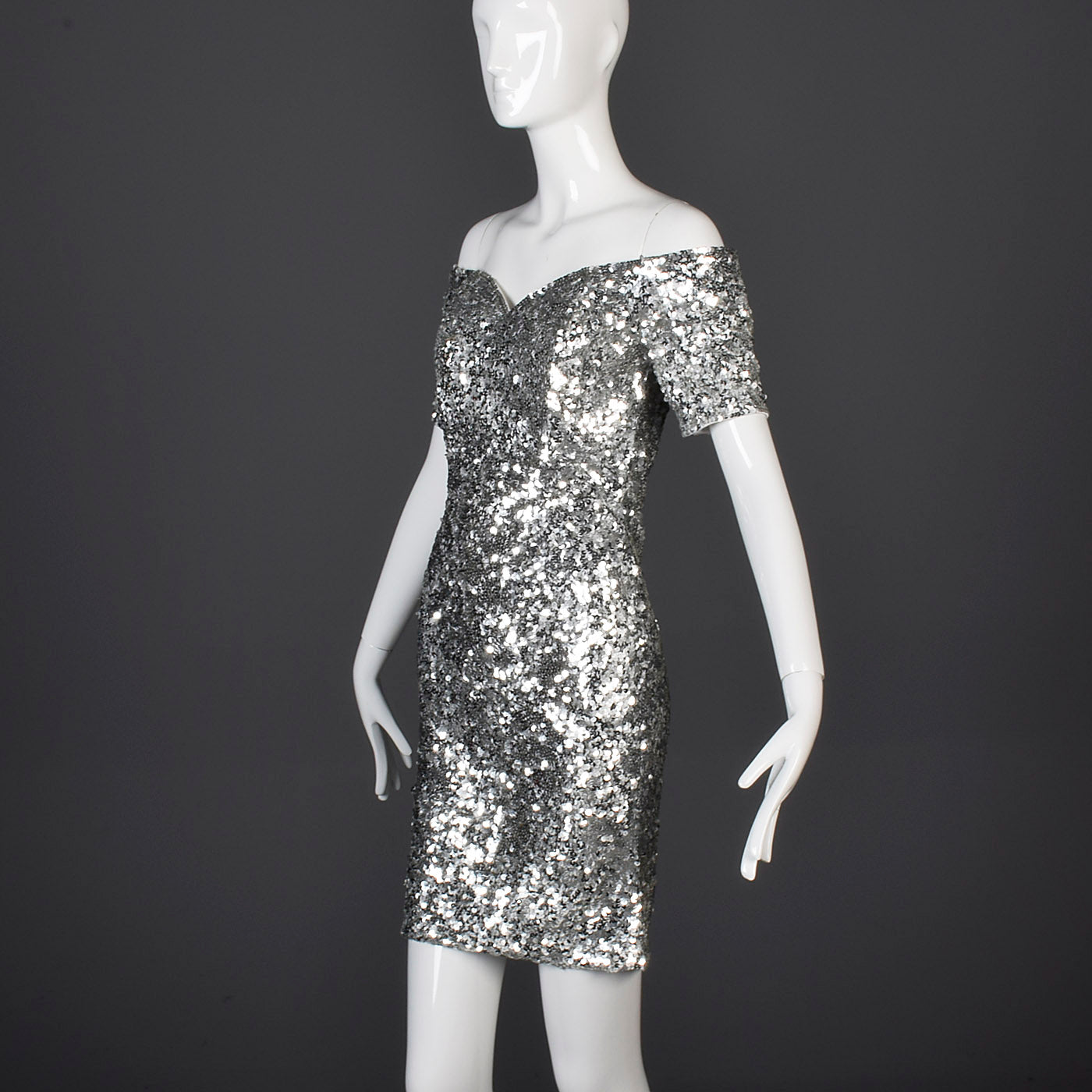 1980s Off Shoulder Neiman Marcus Silver Sequin Cocktail Dress