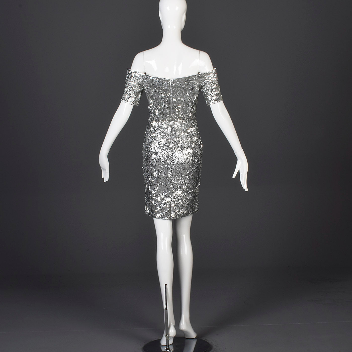 1980s Off Shoulder Neiman Marcus Silver Sequin Cocktail Dress