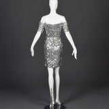 1980s Off Shoulder Neiman Marcus Silver Sequin Cocktail Dress